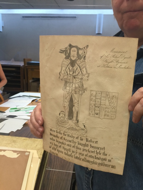 A sketch of a medieval nobleman with a coat of arms from Pequot Library's special collection